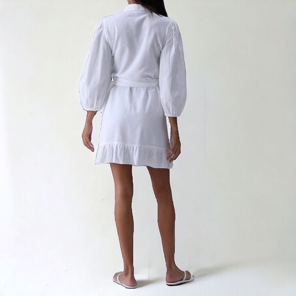 MELISSA ODABASH Paige Linen Cotton Blend Ruffled Balloon Sleeve Wrap Dress Sz L - Picture 2 of 12